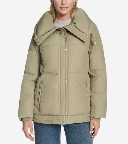 Women's Twill Nylon Down Jacket with Trapunto Stitch Details in Green | Cole Haan