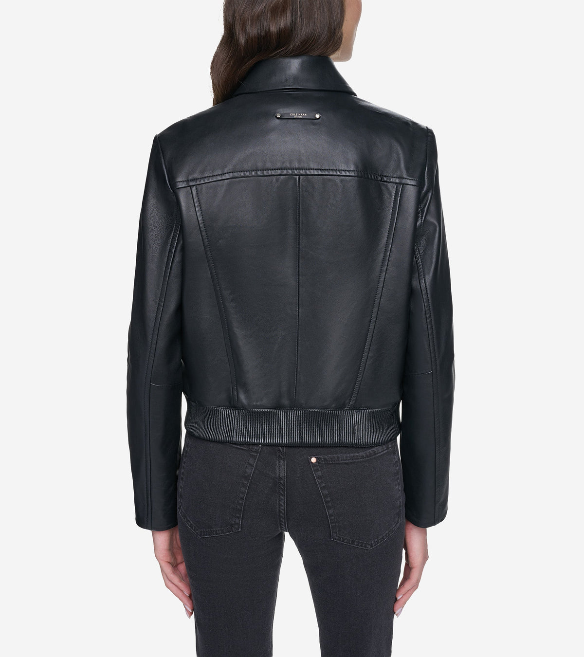 Women's Smooth Leather Bomber Jacket with Chest Pocket in Black | Cole Haan